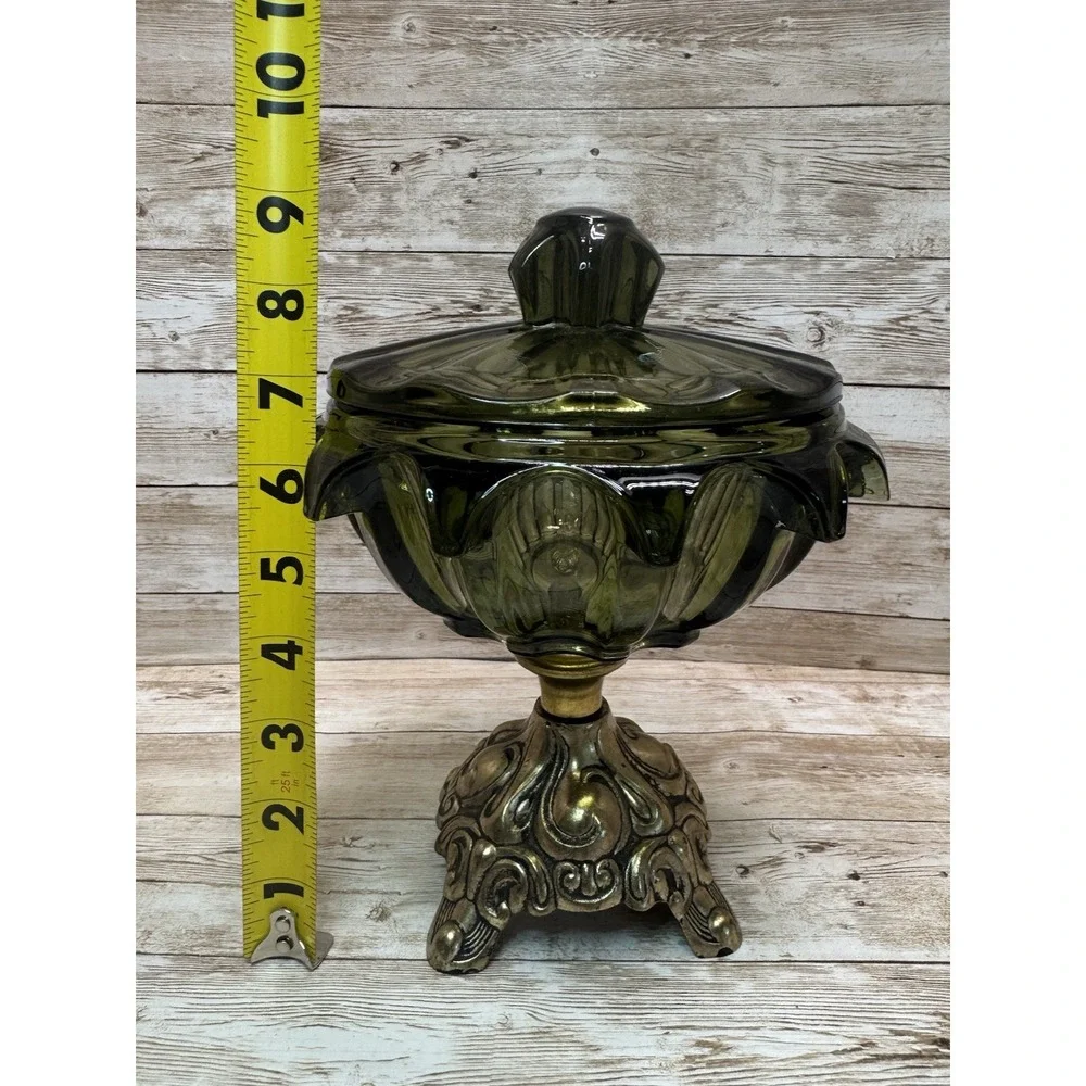 VTG 1970s Avocado Glass Candy Dish Lid Metal Pedestal Rare Hollywood Regency